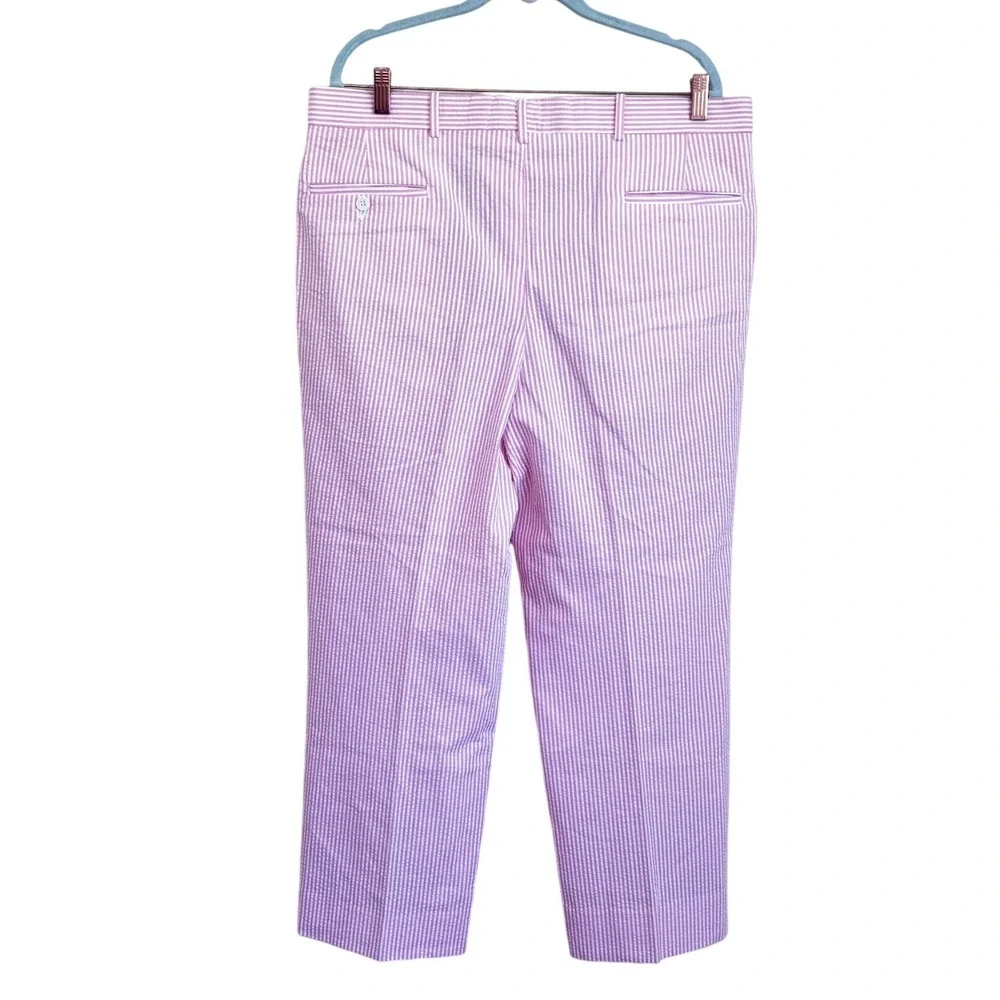 Corbin Mens Vintage Seersucker Pleated Pants Size 36 (38X29) Pink White Preppy
